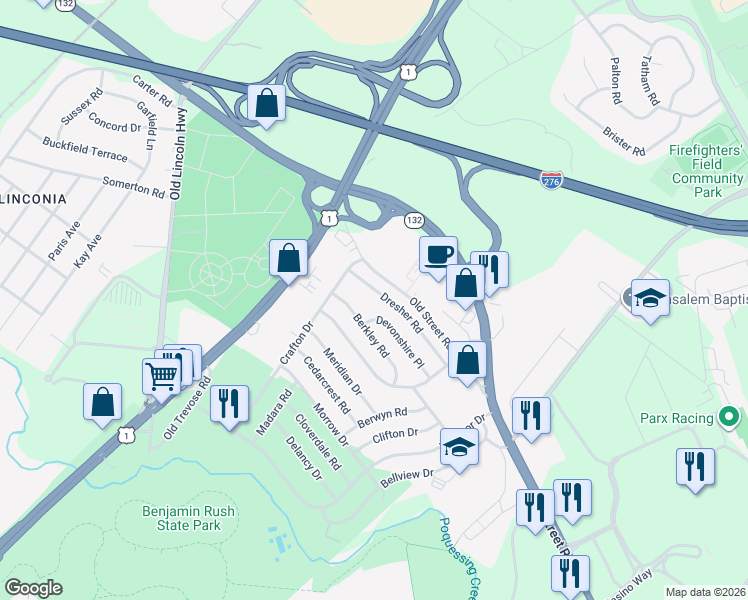 map of restaurants, bars, coffee shops, grocery stores, and more near 3747 Devonshire Place in Bensalem