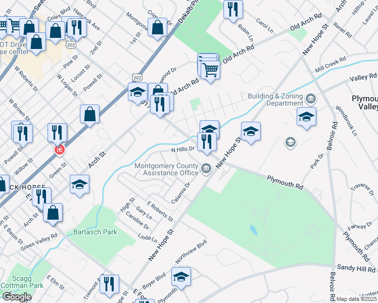 map of restaurants, bars, coffee shops, grocery stores, and more near 511 Janeway Drive in Norristown