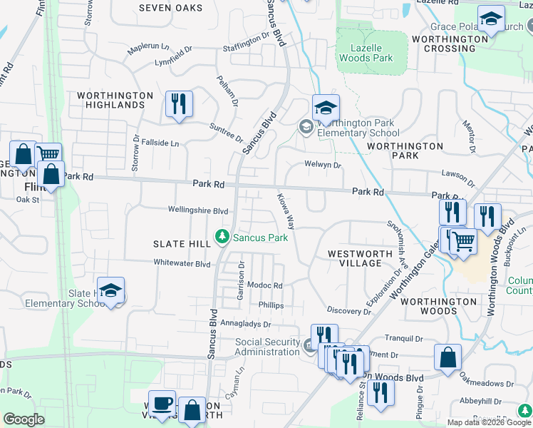 map of restaurants, bars, coffee shops, grocery stores, and more near 933 Upholland Lane in Columbus