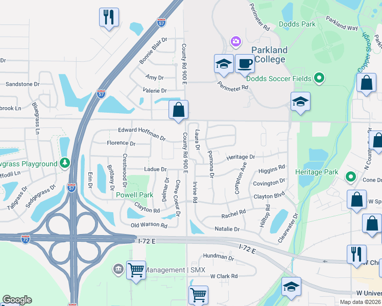 map of restaurants, bars, coffee shops, grocery stores, and more near 913 Laura Drive in Champaign
