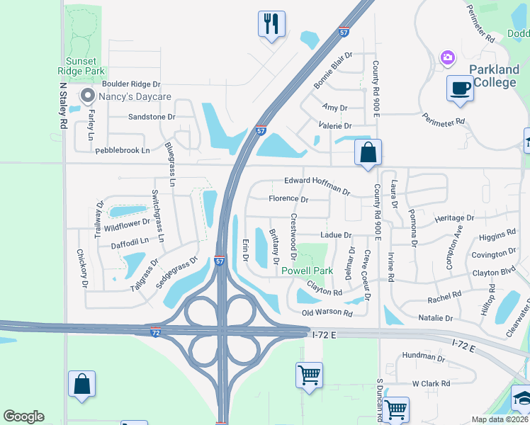 map of restaurants, bars, coffee shops, grocery stores, and more near 3307 Katie Lynn Drive in Champaign