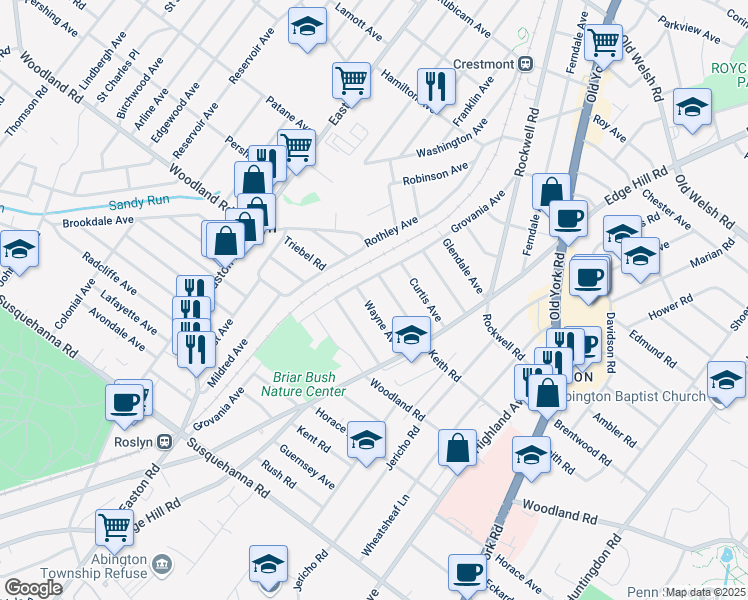 map of restaurants, bars, coffee shops, grocery stores, and more near 2135 Wayne Avenue in Abington