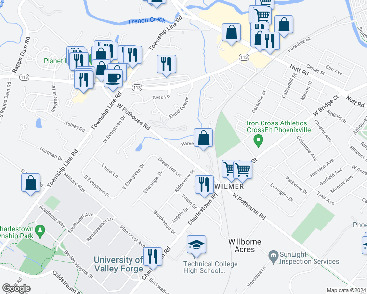 map of restaurants, bars, coffee shops, grocery stores, and more near 108 Harvest Lane in Phoenixville