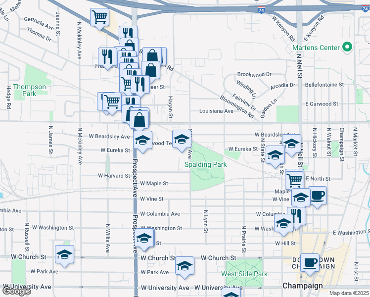 map of restaurants, bars, coffee shops, grocery stores, and more near 817 North Harris Avenue in Champaign