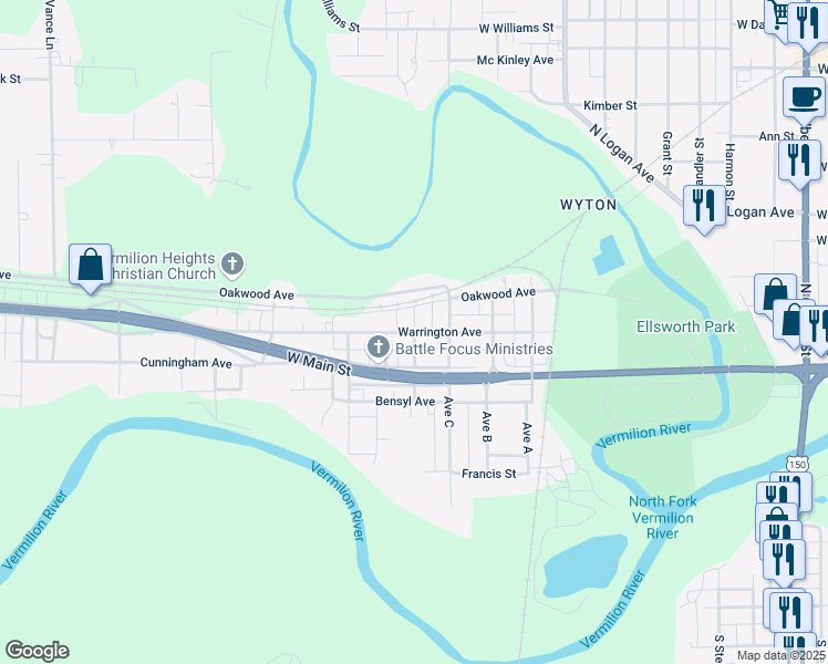 map of restaurants, bars, coffee shops, grocery stores, and more near 200 Avenue D in Danville