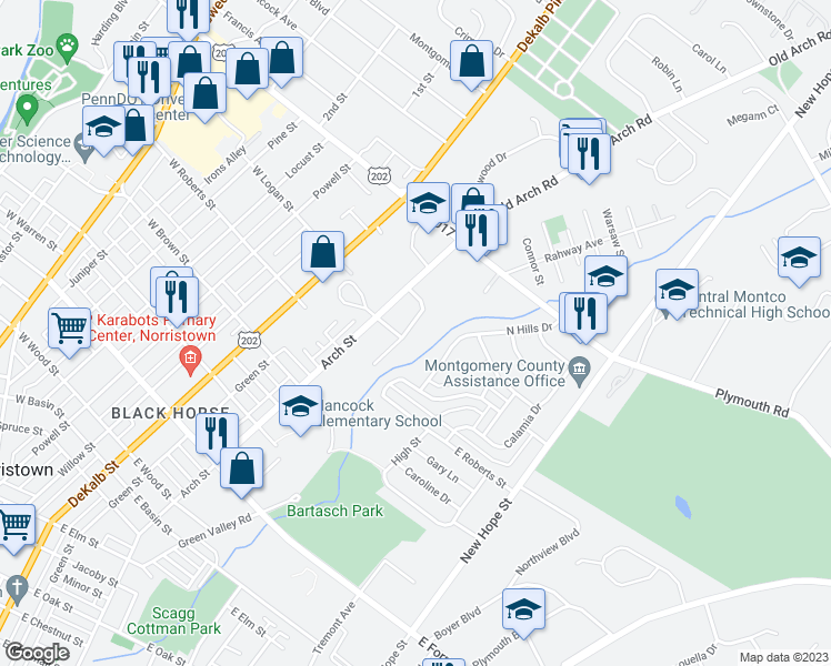 map of restaurants, bars, coffee shops, grocery stores, and more near 1812 Dartmouth Drive in Norristown