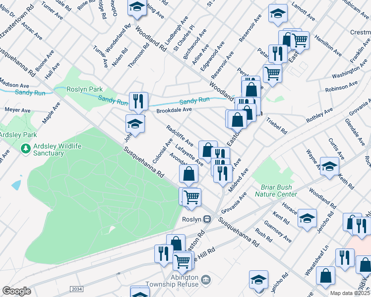 map of restaurants, bars, coffee shops, grocery stores, and more near 2457 Avondale Avenue in Abington