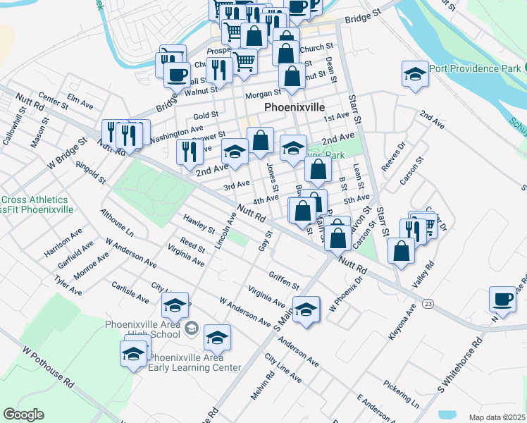 map of restaurants, bars, coffee shops, grocery stores, and more near 608 Gay Street in Phoenixville
