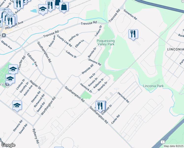 map of restaurants, bars, coffee shops, grocery stores, and more near 15140 Ina Drive in Philadelphia
