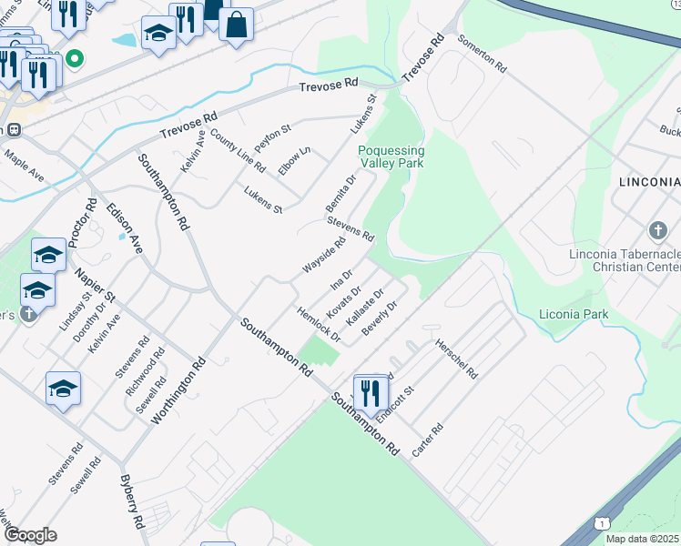 map of restaurants, bars, coffee shops, grocery stores, and more near 15140 Ina Drive in Philadelphia