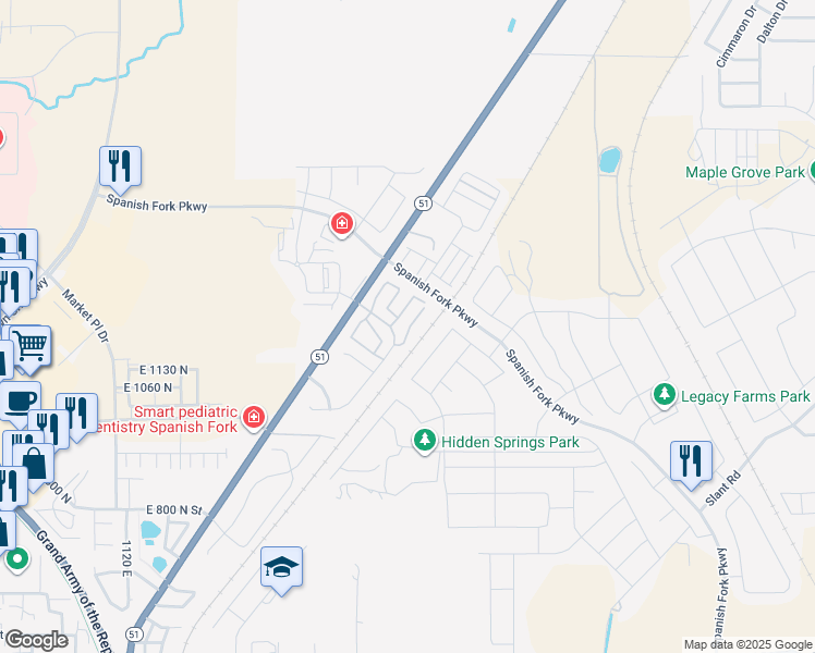 map of restaurants, bars, coffee shops, grocery stores, and more near 1227 Firefly Drive in Spanish Fork