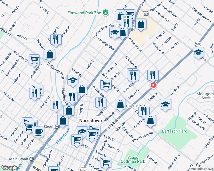 map of restaurants, bars, coffee shops, grocery stores, and more near 1340 Pine Street in Norristown