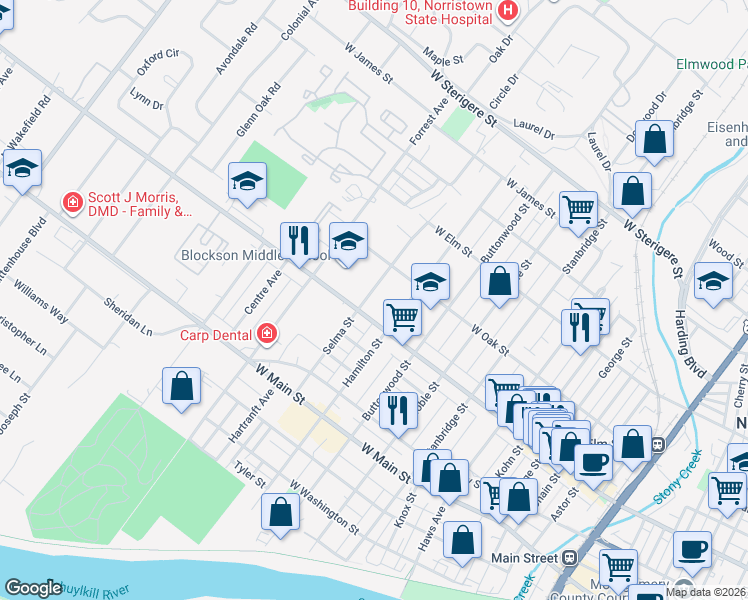 map of restaurants, bars, coffee shops, grocery stores, and more near 1221 West Marshall Street in Norristown