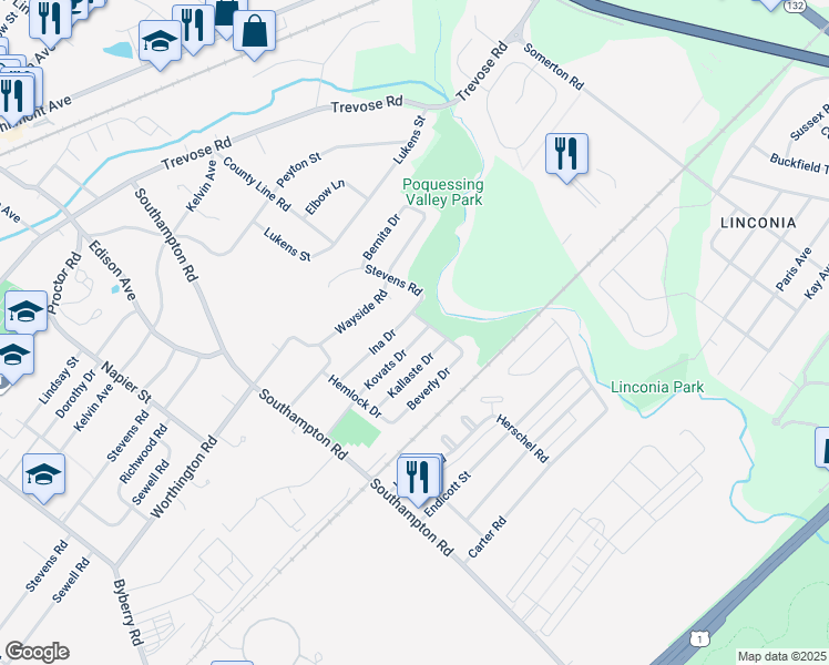 map of restaurants, bars, coffee shops, grocery stores, and more near 15152 Kovats Drive in Philadelphia