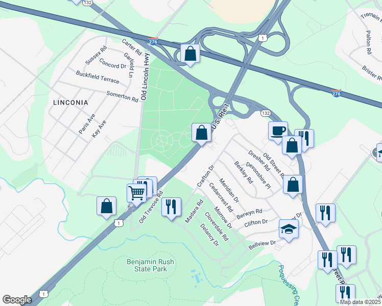 map of restaurants, bars, coffee shops, grocery stores, and more near 2779 U.S. 1 in Feasterville-Trevose