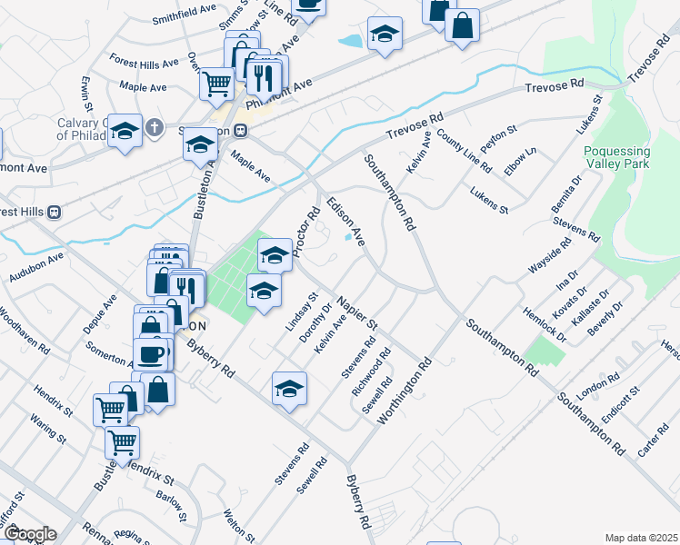 map of restaurants, bars, coffee shops, grocery stores, and more near 13430 Lindsay Street in Philadelphia