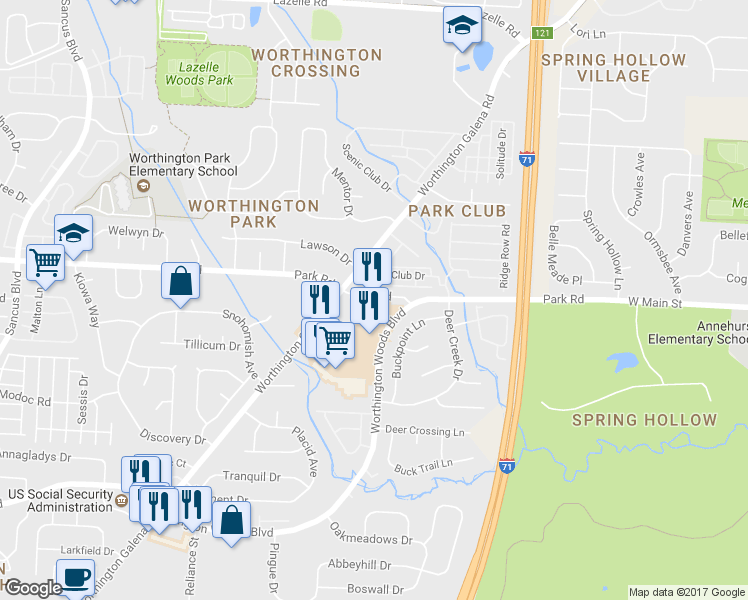 map of restaurants, bars, coffee shops, grocery stores, and more near 7723 Worthington Woods Boulevard in Columbus