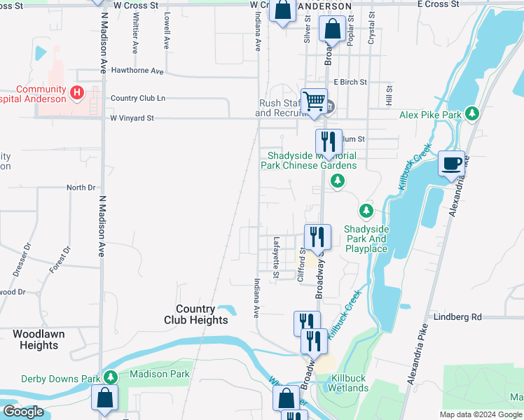 map of restaurants, bars, coffee shops, grocery stores, and more near 1048 Indiana Avenue in Anderson