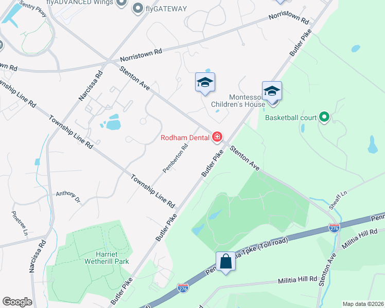 map of restaurants, bars, coffee shops, grocery stores, and more near 1690 Pemberton Road in Blue Bell