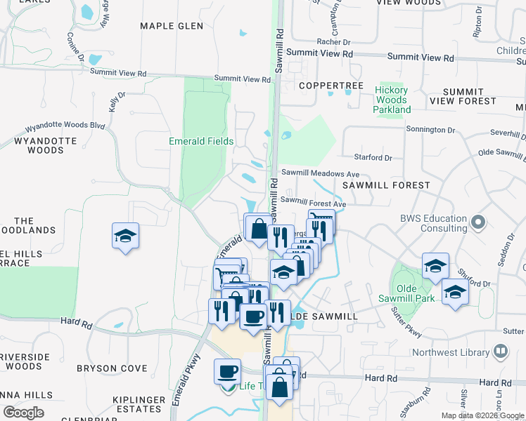 map of restaurants, bars, coffee shops, grocery stores, and more near 7734 South Essex Gate Drive in Dublin