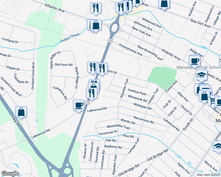 map of restaurants, bars, coffee shops, grocery stores, and more near 2412 Fairview Drive in Manasquan