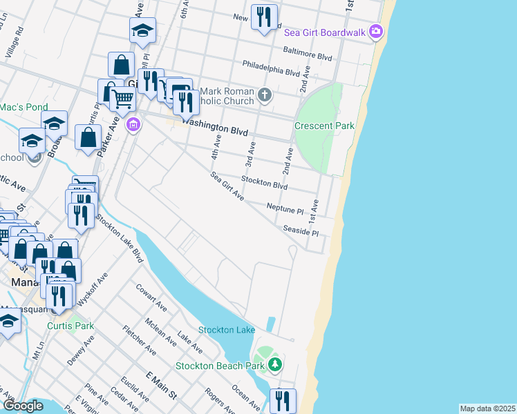 map of restaurants, bars, coffee shops, grocery stores, and more near 250 Sea Girt Avenue in Sea Girt