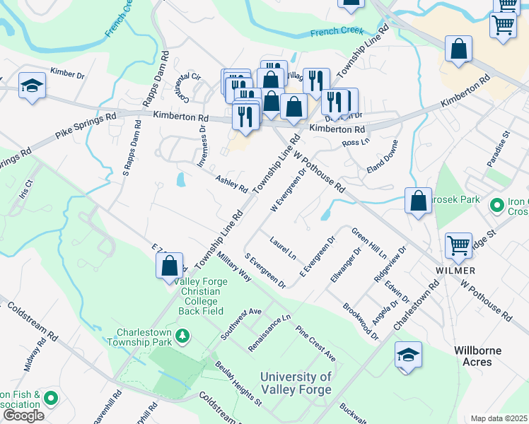 map of restaurants, bars, coffee shops, grocery stores, and more near 1310 West Evergreen Drive in Phoenixville