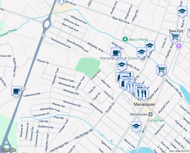 map of restaurants, bars, coffee shops, grocery stores, and more near 23 Allen Avenue in Manasquan