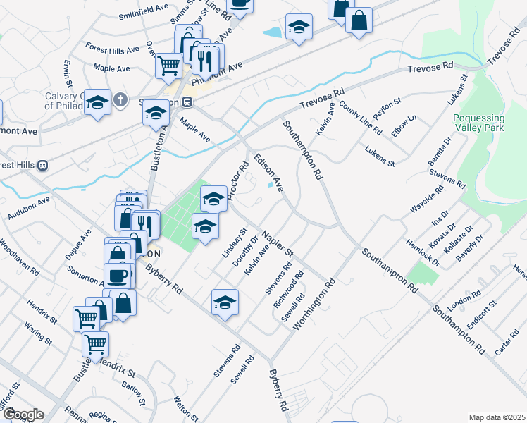 map of restaurants, bars, coffee shops, grocery stores, and more near 13430 Lindsay Street in Philadelphia