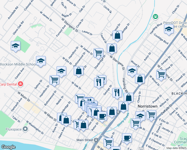 map of restaurants, bars, coffee shops, grocery stores, and more near 823 West Elm Street in Norristown
