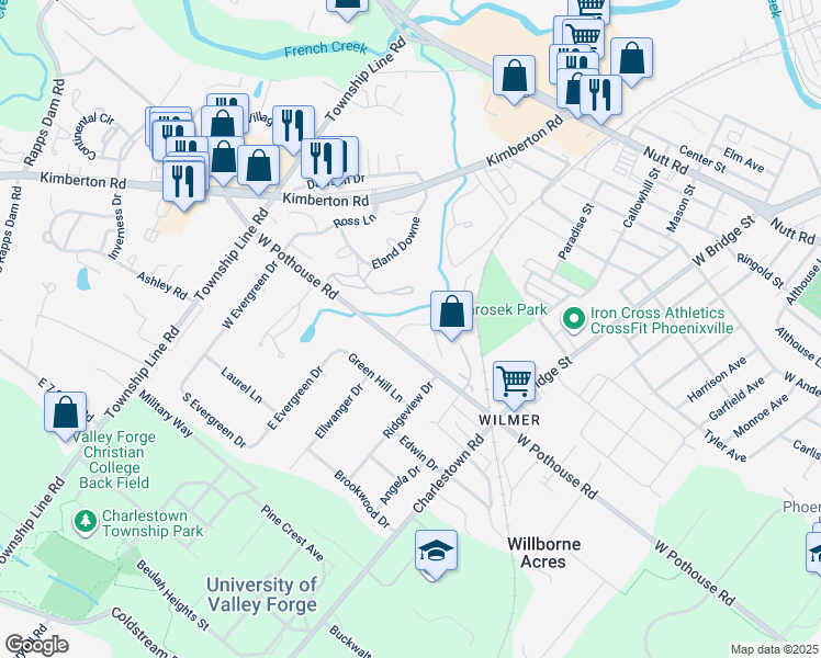 map of restaurants, bars, coffee shops, grocery stores, and more near 616 West Pothouse Road in Phoenixville