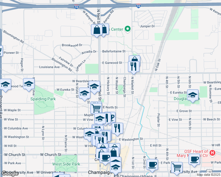 map of restaurants, bars, coffee shops, grocery stores, and more near 1002 North Hickory Street in Champaign