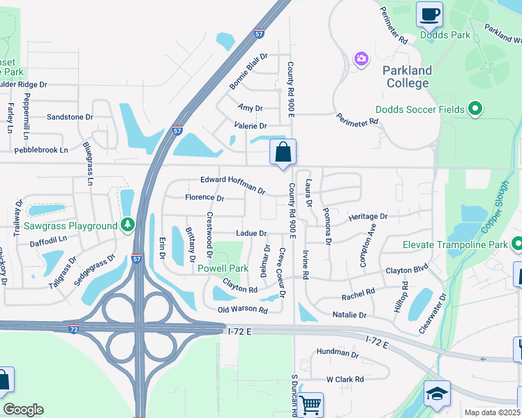 map of restaurants, bars, coffee shops, grocery stores, and more near 908 Berwick Drive in Champaign