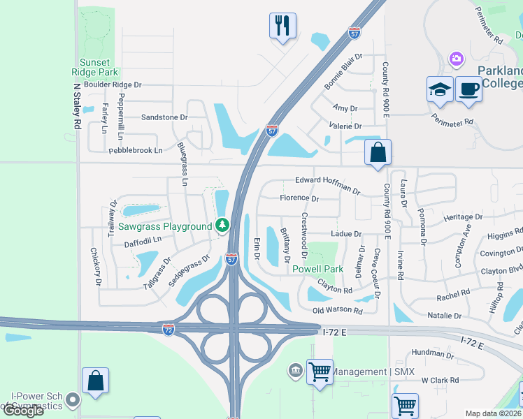 map of restaurants, bars, coffee shops, grocery stores, and more near 712 Erin Drive in Champaign