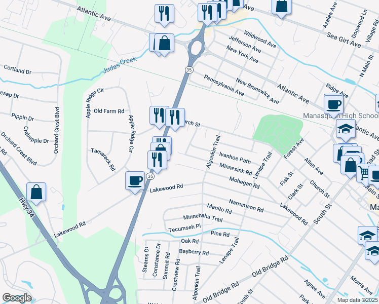 map of restaurants, bars, coffee shops, grocery stores, and more near 2412 Fairview Drive in Manasquan