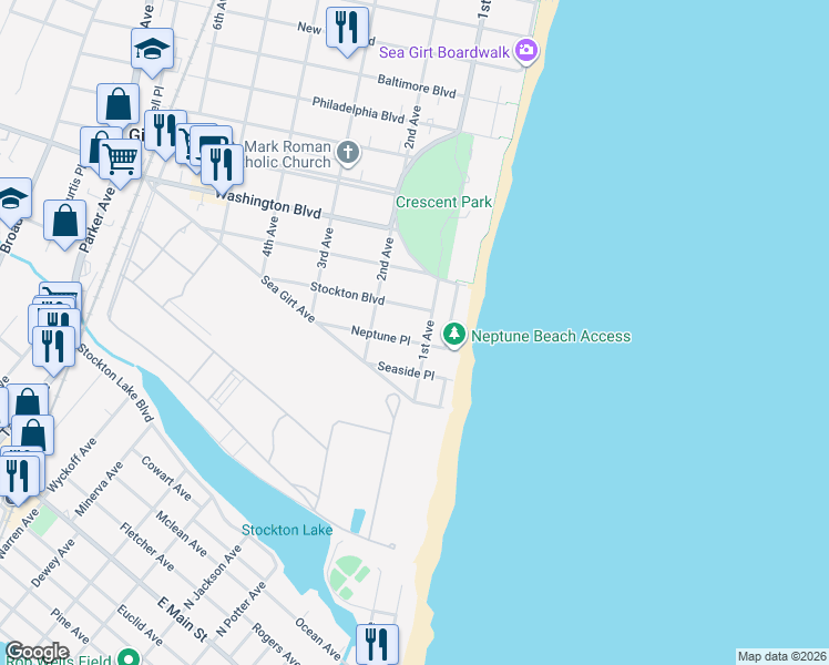 map of restaurants, bars, coffee shops, grocery stores, and more near 104 Neptune Place in Sea Girt