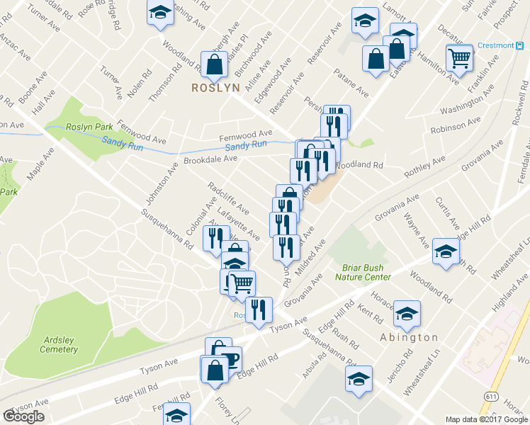 map of restaurants, bars, coffee shops, grocery stores, and more near 1200 Easton Road in Abington