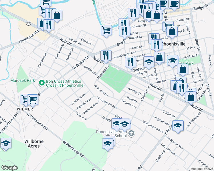 map of restaurants, bars, coffee shops, grocery stores, and more near 513 Virginia Avenue in Phoenixville