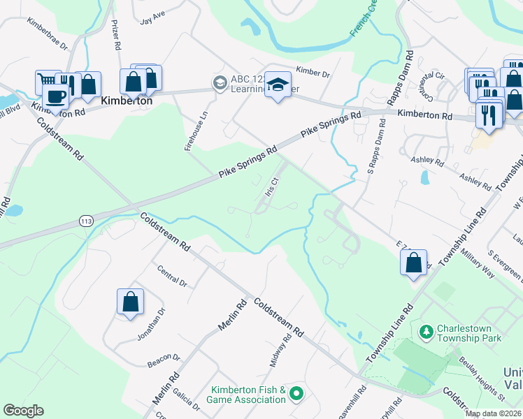 map of restaurants, bars, coffee shops, grocery stores, and more near 1501 Briarwood Court in Phoenixville