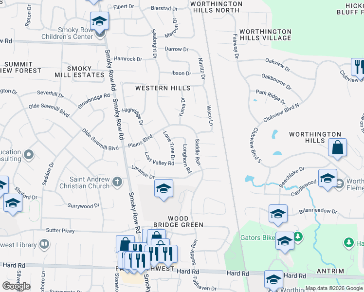 map of restaurants, bars, coffee shops, grocery stores, and more near 8189 Longhorn Road in Powell