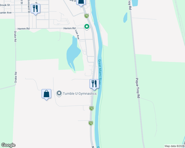map of restaurants, bars, coffee shops, grocery stores, and more near 1619 South Main Street in Piqua