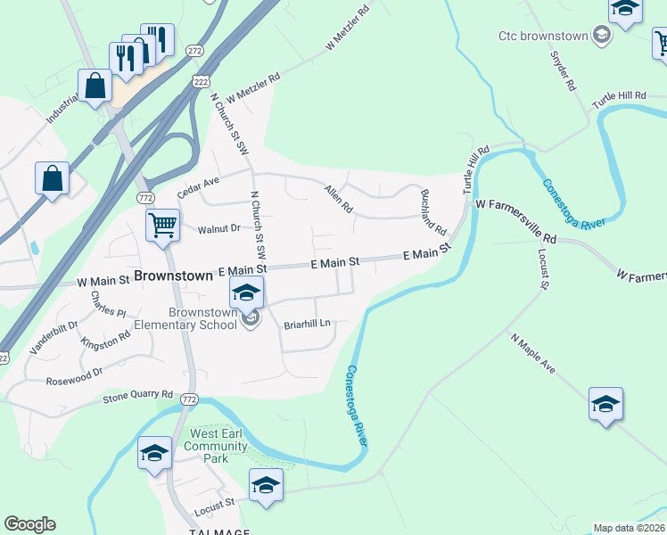 map of restaurants, bars, coffee shops, grocery stores, and more near 9 Conestoga Avenue in Ephrata