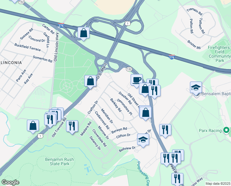 map of restaurants, bars, coffee shops, grocery stores, and more near 3820 Dresher Road in Bensalem