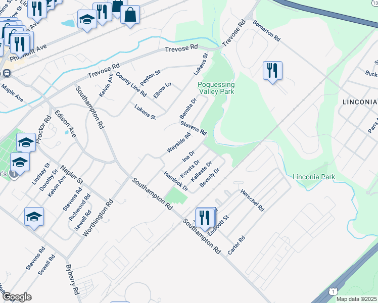 map of restaurants, bars, coffee shops, grocery stores, and more near 15142 Ina Dr in Philadelphia