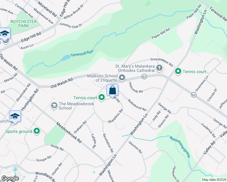 map of restaurants, bars, coffee shops, grocery stores, and more near 1436 Marshall Road in Meadowbrook