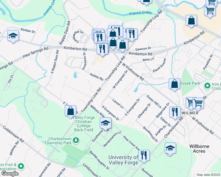 map of restaurants, bars, coffee shops, grocery stores, and more near 1310 West Evergreen Drive in Phoenixville