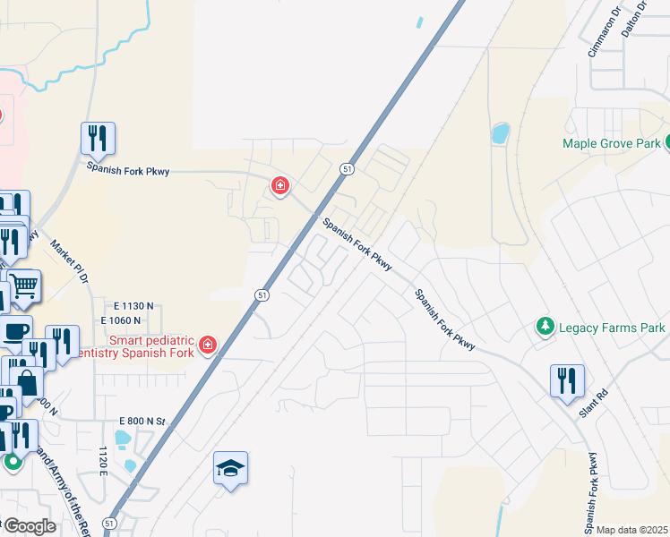 map of restaurants, bars, coffee shops, grocery stores, and more near 1233 Firefly Drive in Spanish Fork