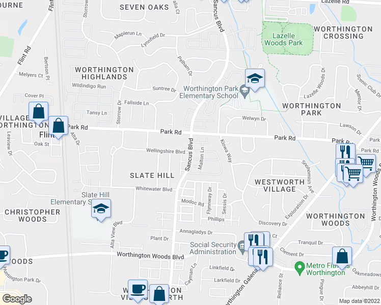 map of restaurants, bars, coffee shops, grocery stores, and more near Sancus Boulevard & Wellingshire Boulevard in Columbus