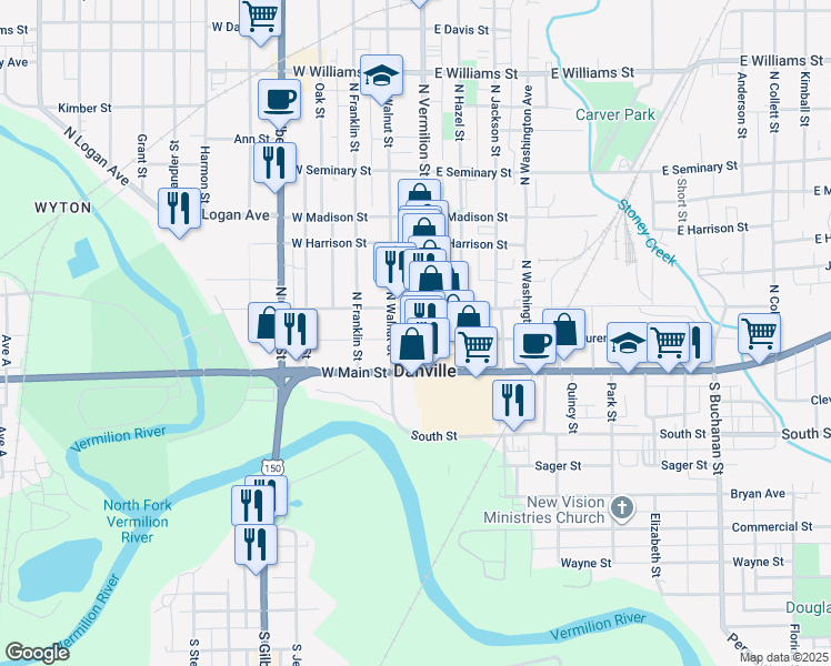 map of restaurants, bars, coffee shops, grocery stores, and more near in Danville