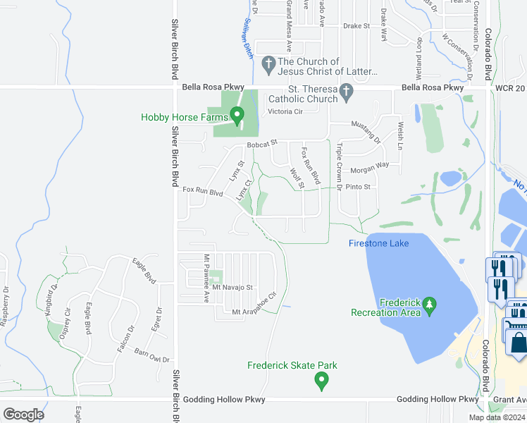 map of restaurants, bars, coffee shops, grocery stores, and more near 5401 Fox Run Boulevard in Frederick